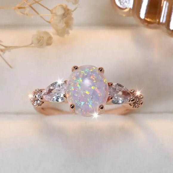 White Oval Shaped Opal Rings Ethiopian Fire Opal Engagement Ring 14K Gold plated - Picture 3 of 5